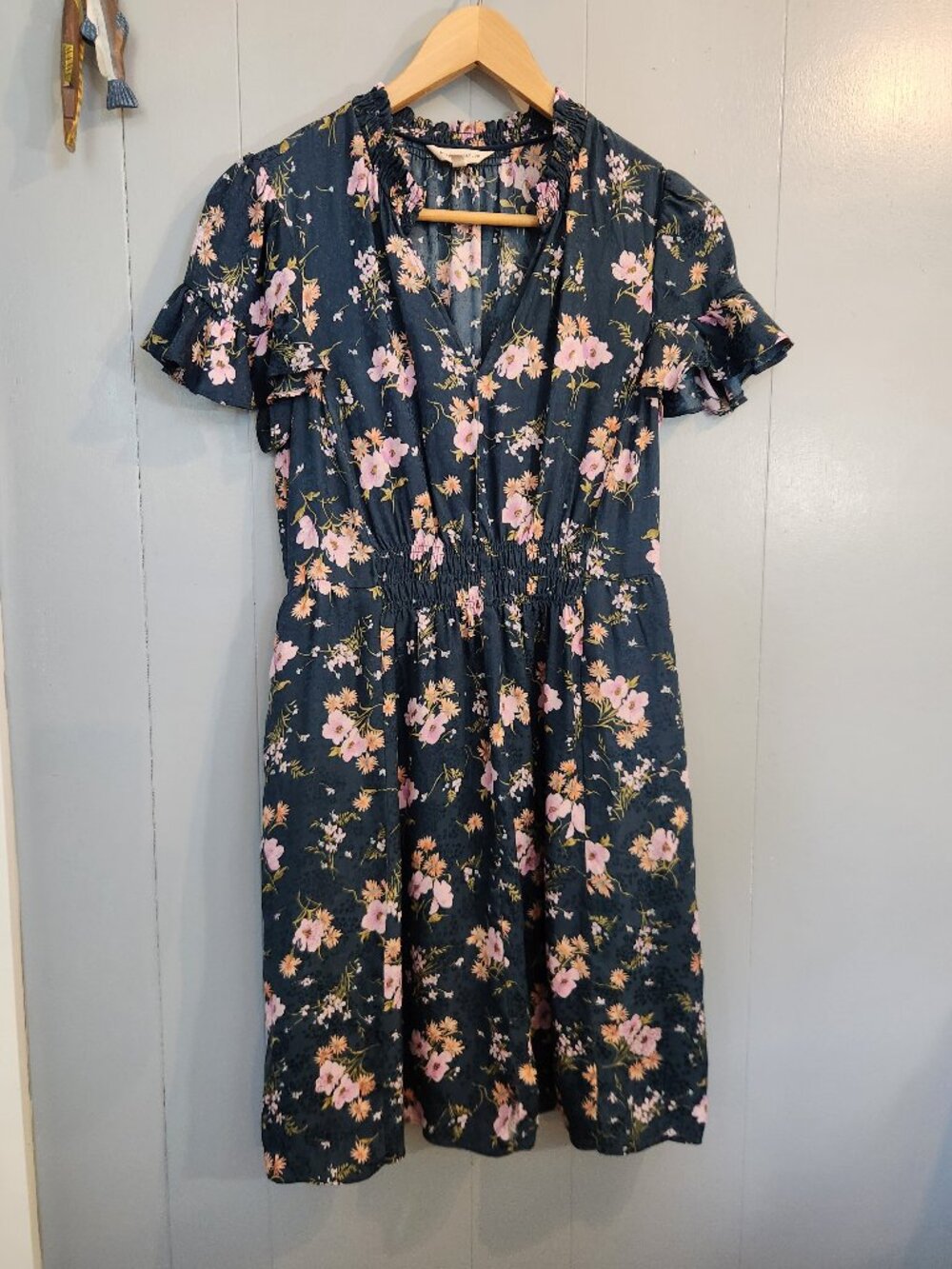 Rebecca Taylor teal floral smocked waist flutter ruffle short sleeve dress